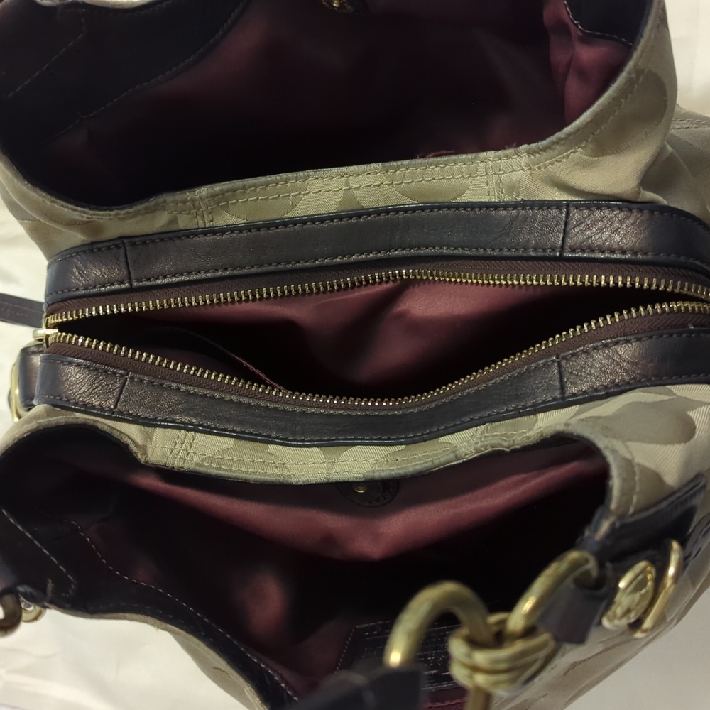 Coach Khaki Purse, Dark Brown Leather and Gold Accents - Picture 10 of 12
